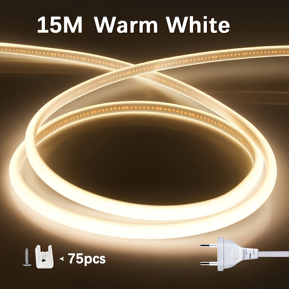 Flexible COB LED Strip Roll, 220V 12W/M High Brightness, Various Lengths, Energy Saving, Cuttable, Outdoor/Indoor Lighting, 1.2m Power Cord.