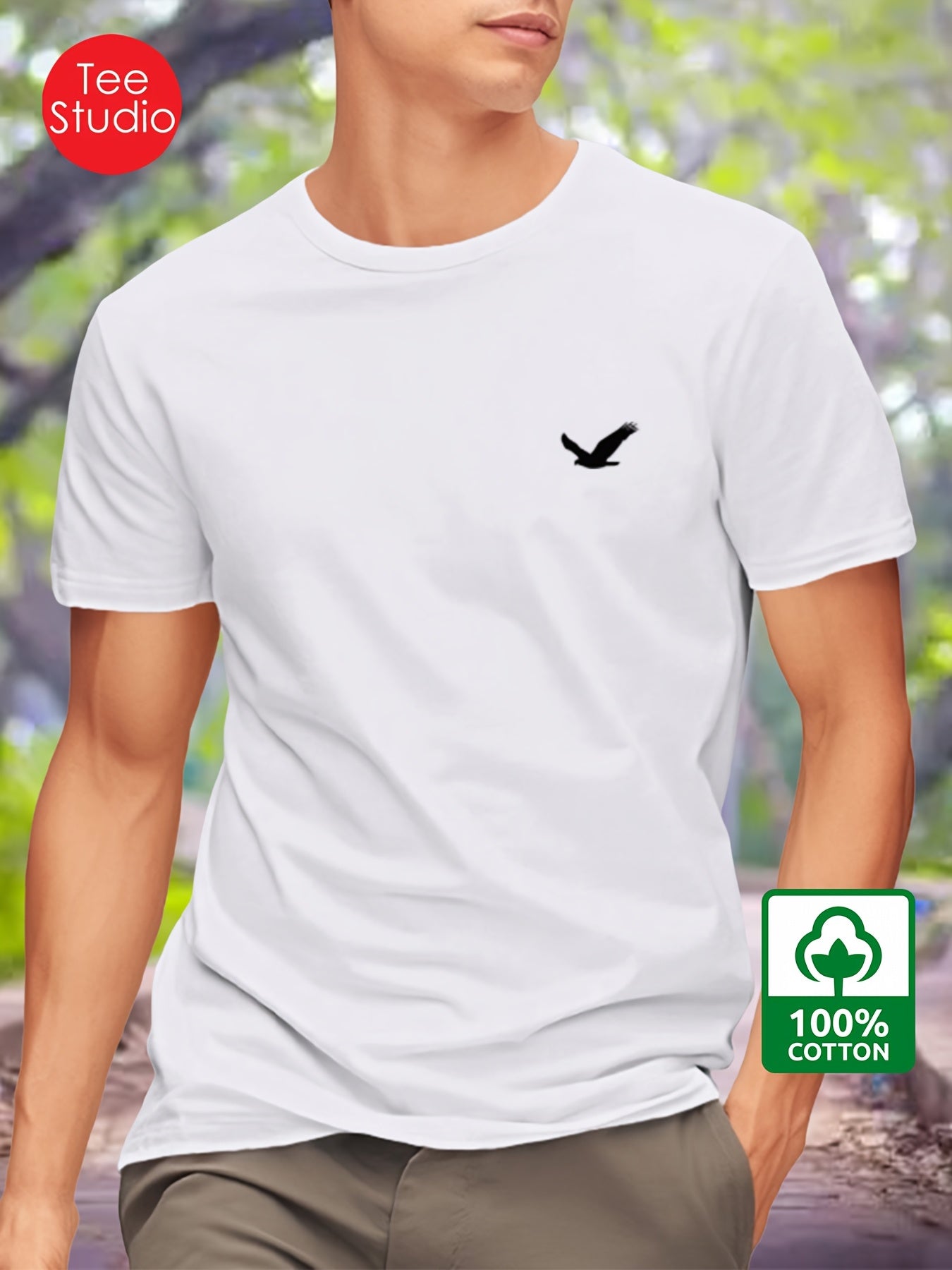 100% Paxta Erkaklar T-Shirt Qush Dizayni - Oddiy Kesim, Dumaloq Bo'yin, Odatdagi Uzunlik