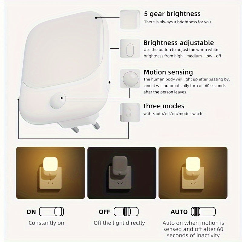 Motion sensor night light with 3 modes, 5 brightness levels, wall-mounted, ideal for kids' room, bedroom, stairway.