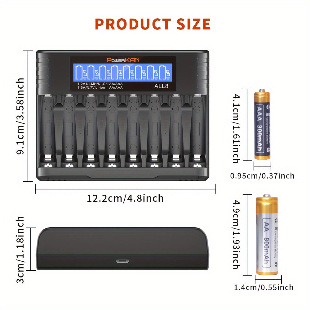 PowerKAN set includes high-quality 1.2V NiMH rechargeable AA & AAA batteries with ALL8 charger, suitable for rechargeable and discharge cycles. Pack includes 8x 800mAh AA and 8x 300mAh AAA