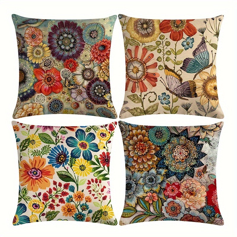 Mexican elements linen blend throw pillow case, featuring butterflies and flowers. Single-sided print, no pillow insert. Size: 45.72x45.72cm. Perfect for living room, bedroom, couch, or sofa décor.