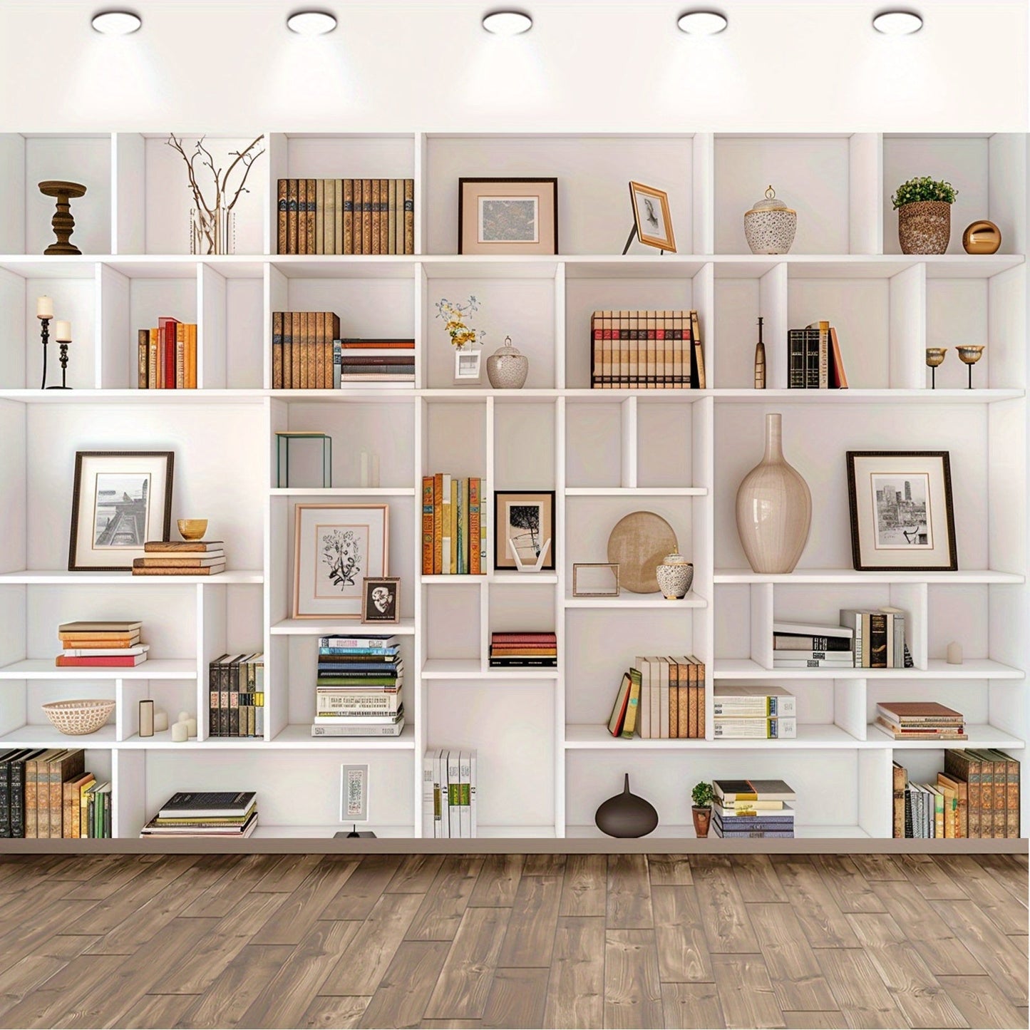 White Bookshelf Backdrop - Utilize for Office, Zoom Calls, Parties & Beyond - Made of Polyester, Requires No Power