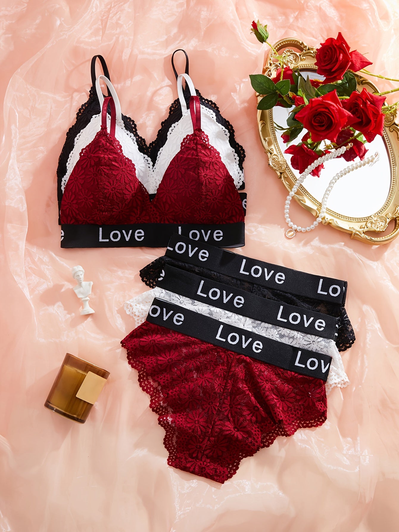 3 lingerie sets: contrast lace bra and panties, scallop trim bra with letter tape panties, women's underwear