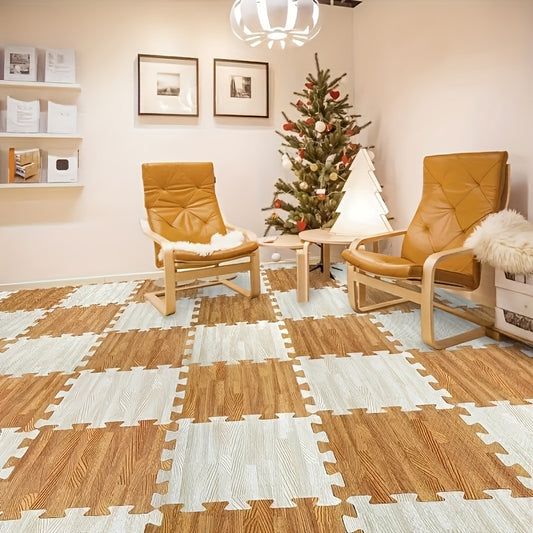 24 wood grain interlocking floor tiles, EVA & PE foam, 30x30 cm, DIY puzzle carpet for indoor use, hand washable.