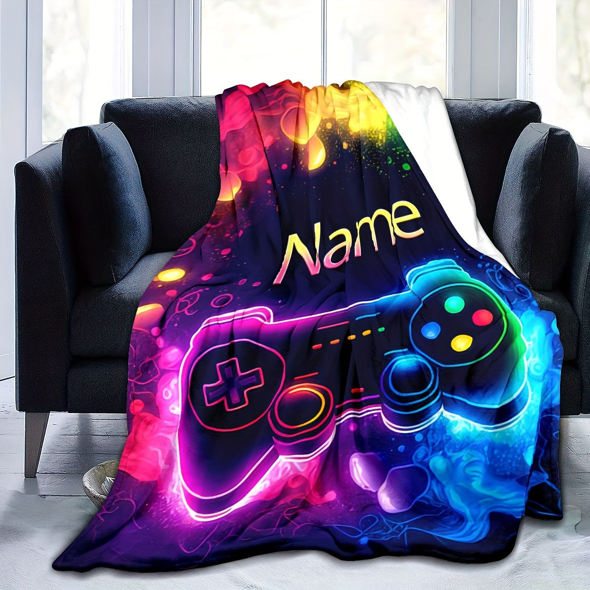 Stay warm and cozy with the 1pc CozyCraft Customizable Gaming Controller Pattern Throw Blanket. Made from lightweight flannel, this blanket is soft, warm, and allergy-free. With a digital print design, this versatile blanket is perfect for using on the