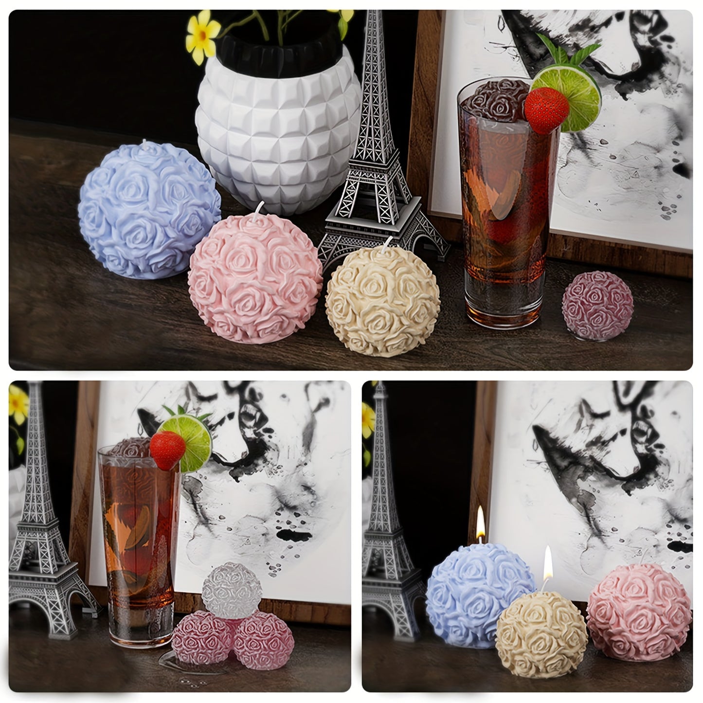 1 piece 3D round rose ball silicone mold for candle making and DIY home decoration featuring flower cluster design.