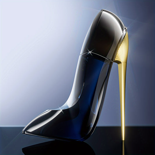 Opulent black high heel perfume for women with long-lasting floral and oriental scent, including almond, coffee, lemon, jasmine, rose, and more - ideal for date night.