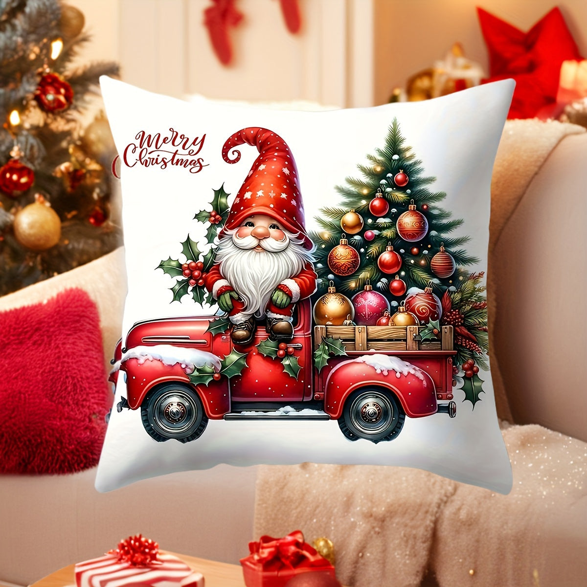 Gnome and Truck Christmas throw pillow cover in contemporary style, zippered polyester case for living room decor.