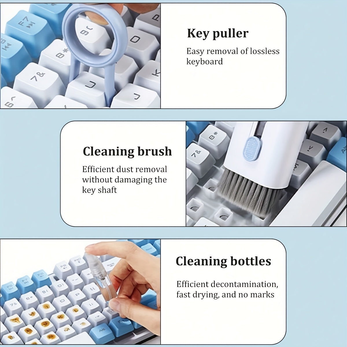 Multipurpose cleaning kit for digital devices including keyboard, laptop, earphone ports, and mobile phone. Includes soft bristle brush, spray cleaner, and microfiber tip.