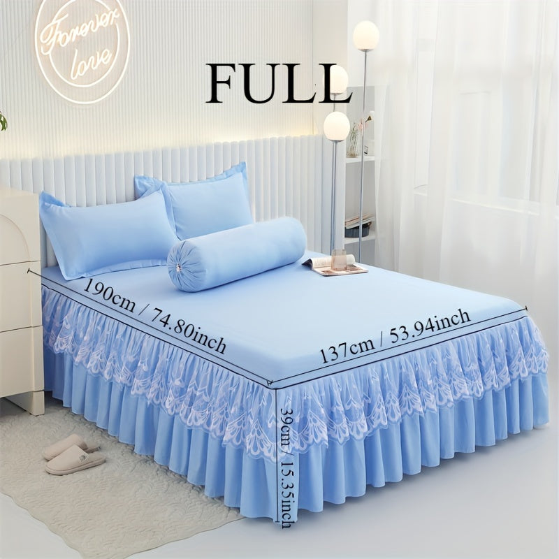 Chic 3-Piece Bed Skirt Set Featuring Double Layer Lace - Comes with 1 Bed Skirt and 2 Pillowcases, in a Solid Color. Non-Slip and Perfect for All Seasons, this Set is Machine Washable for easy care.