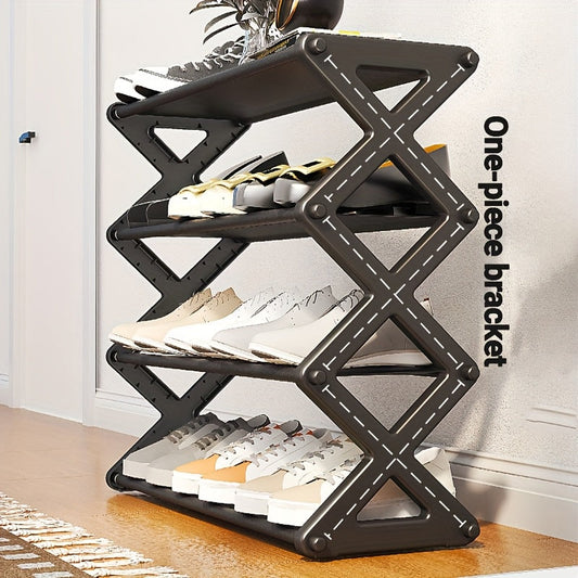 No assembly required freestanding plastic shoe rack featuring 4 tiers and X-shaped support. Perfect for entryway, dorm, or balcony. Comes in a sleek black metal finish, ideal for shoe storage.