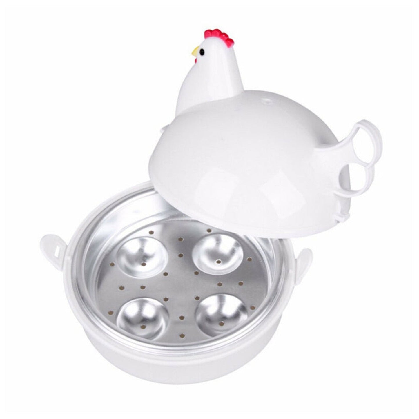 White Aluminum Alloy and PP Material Microwave Egg Steamer with Cute Chicken Shape, Four Grids, and Home Use for Boiling Eggs, Steaming Eggs, Steaming Buns, etc. Ideal for Cookware Use.