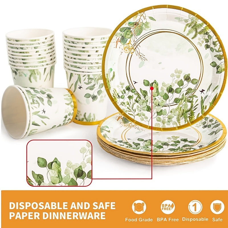 Disposable Green Leaves Themed Tableware Set - Includes 120 Pieces, Ideal for Serving 24 Guests. Perfect for Elegant Party Decor with Paper Plates, Dessert Plates, Napkins, and Paper Cups. Stylish Supplies for Birthdays, Weddings, Festivals