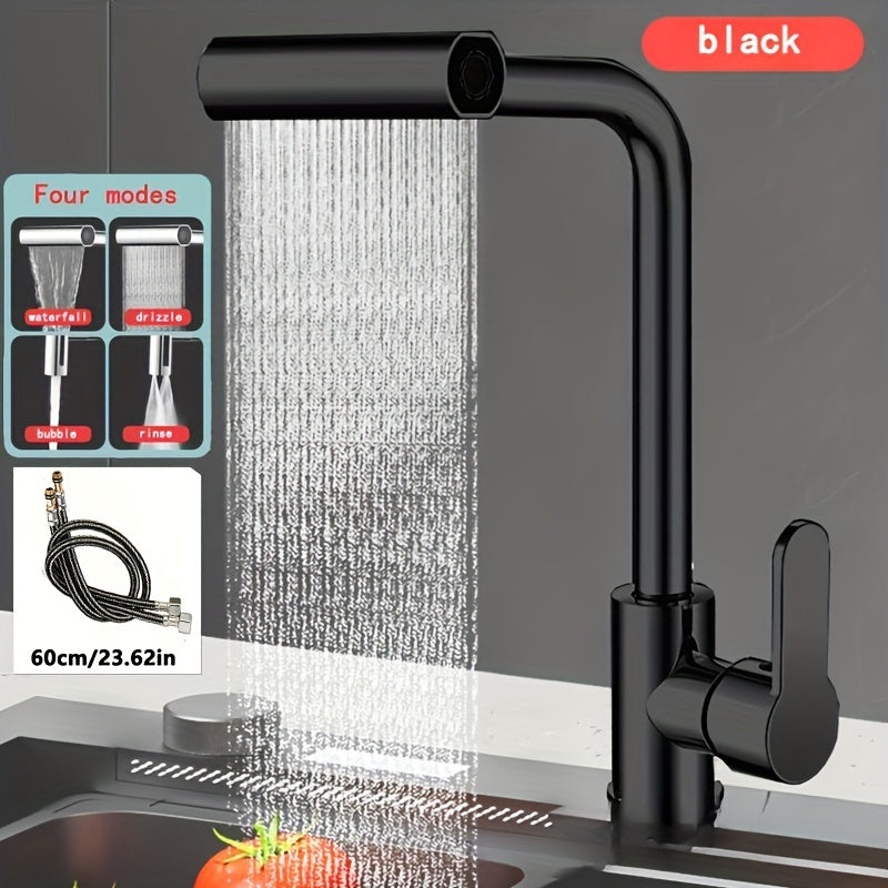 Commercial kitchen faucet with sprayer, rotary spout, and durable single-handle mixer. Space-saving design for various locations including farmhouses, caravans, stores, and modern kitchens.