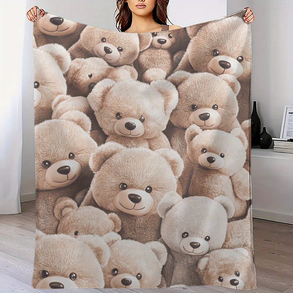 Soft and Cozy Cartoon Teddy Bear Print Flannel Throw Blanket - Perfect for All Seasons, Quilted Polyester Bedding with a Contemporary Design, Versatile and Hypoallergenic, Great Christmas Gift for Loved Ones