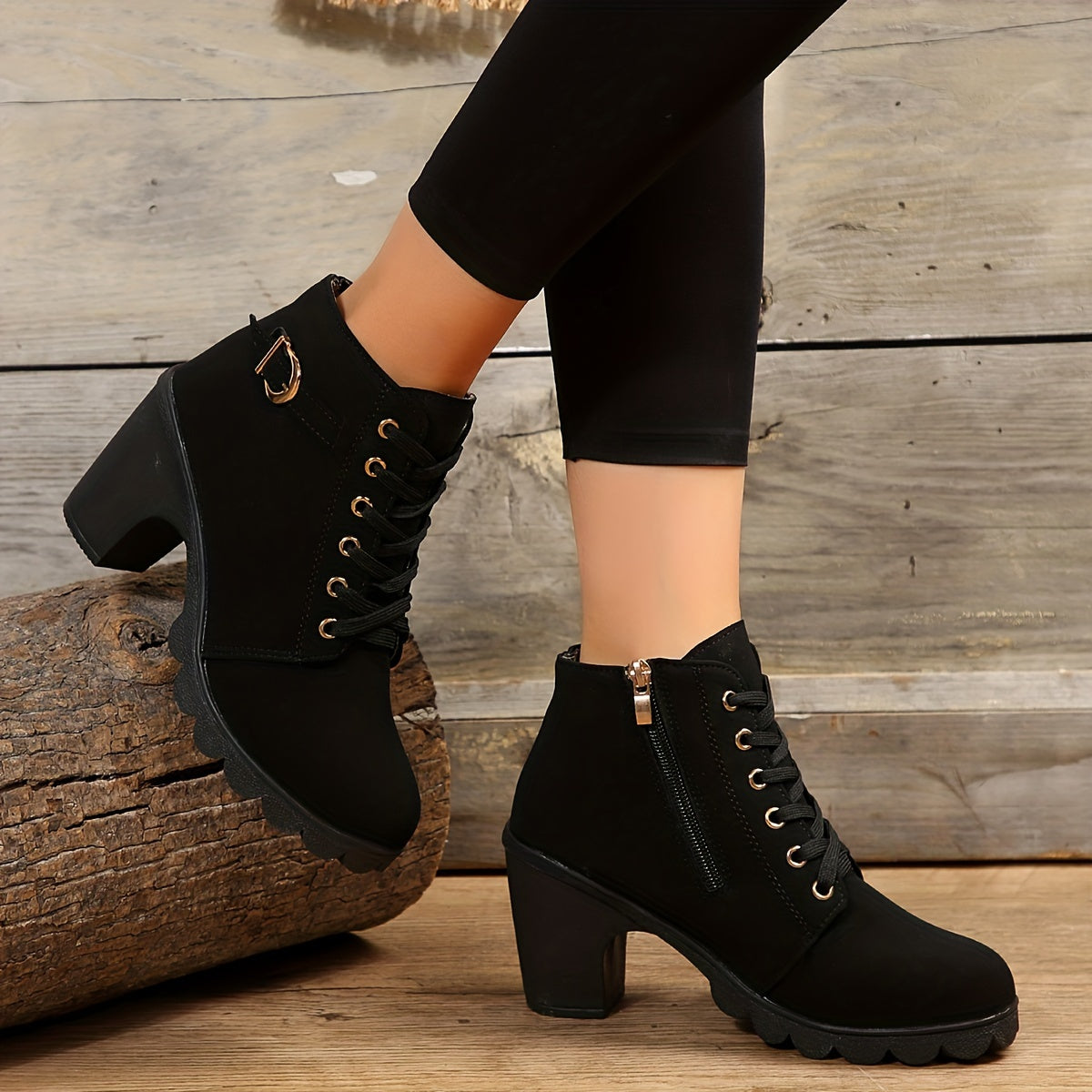 Chunky heel lace-up ankle boots for women, with side zipper.