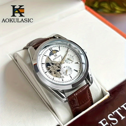 AOKULASIC Men's automatic mechanical watch featuring semi-hollow ball design with moon phase pointer.