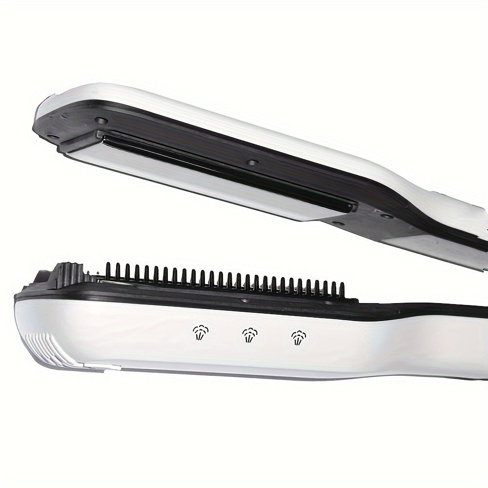 Professional steam flat iron for hair that functions as both a straightener and curler with ceramic plates, ionic technology, dual voltage, and adjustable temperature.