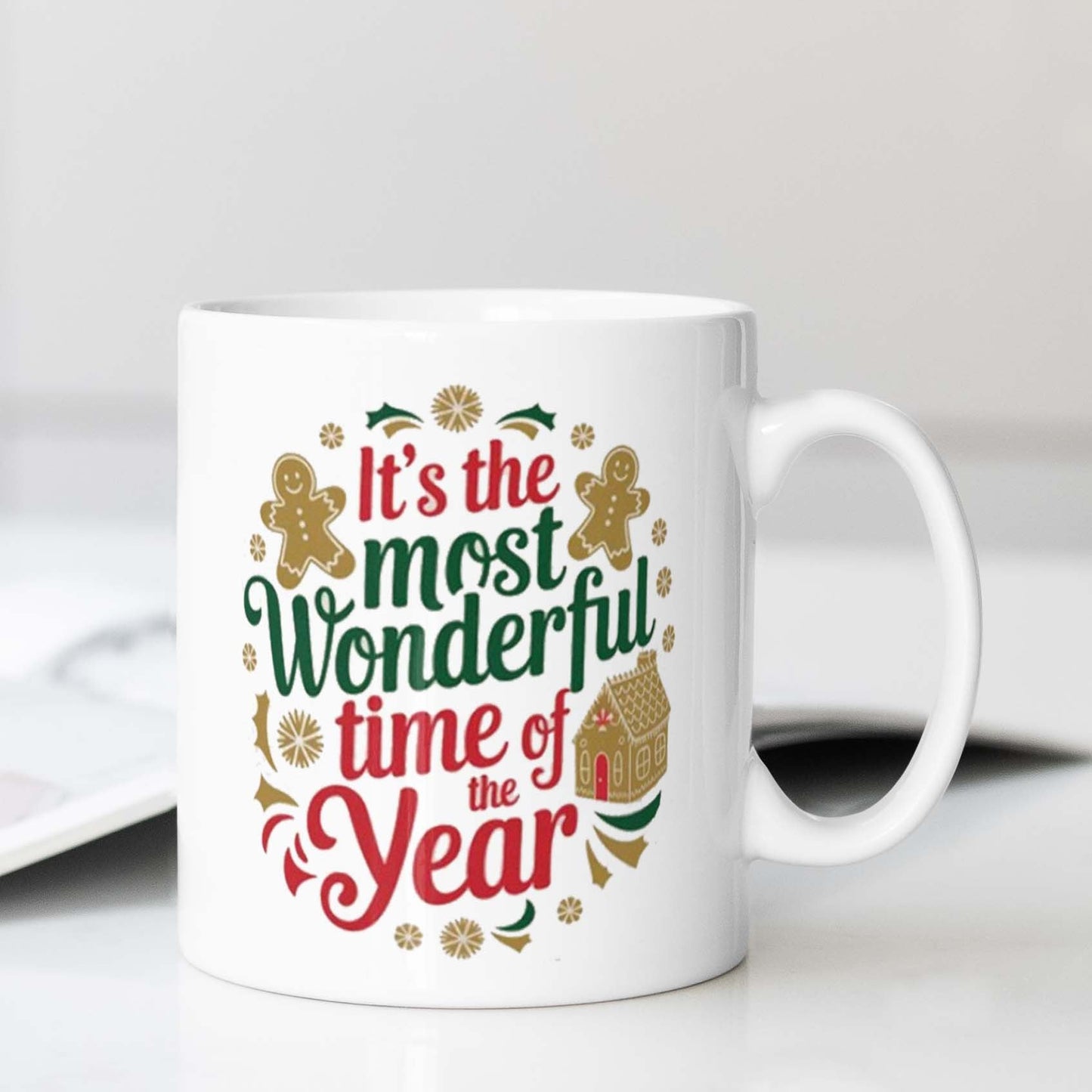 Get into the holiday spirit with this festive ceramic coffee mug featuring the phrase "It's the Most Wonderful Time of the Year." Perfect for the office, camping, or dining. This mug is food-safe and requires no power.