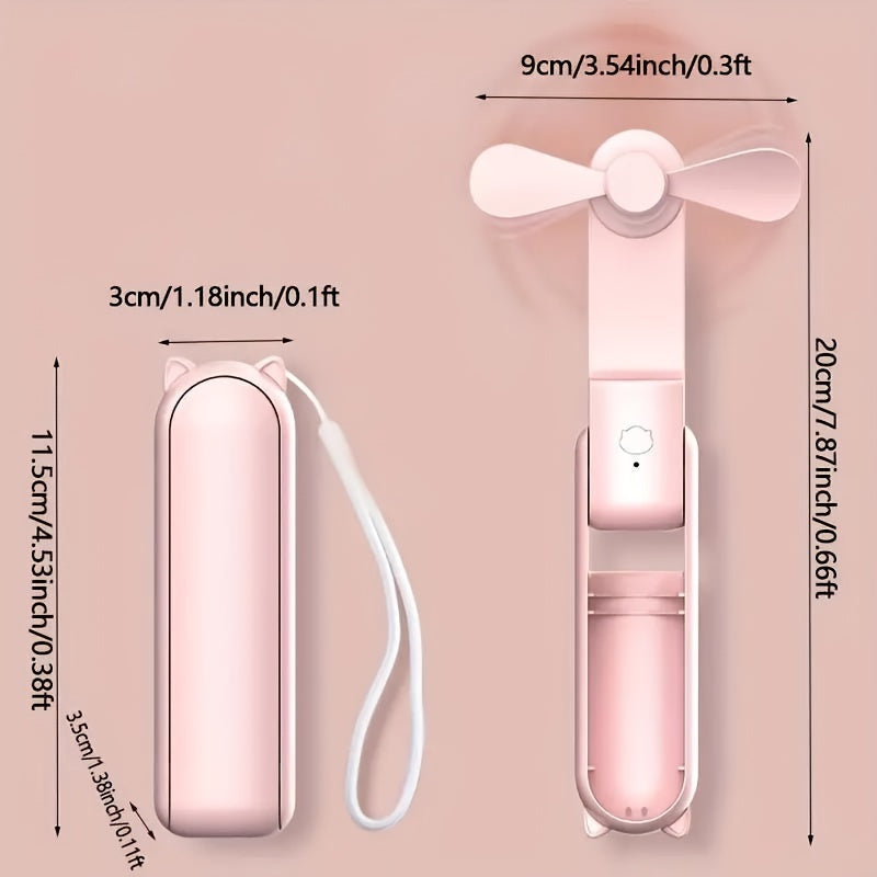 Compact handheld fan that is rechargeable via USB, with adjustable speed settings and a foldable design, perfect for women on the go during travel or outdoor activities.