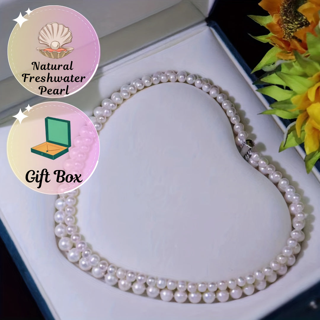 Women's Double Strand Layered Clavicle Chain Necklace with Natural Freshwater Pearls, Timeless and Elegant Fashion Piece for Daily or Special Events, Comes in a Gift Box with Minor Imperfections, Ideal for Valentine's Day Gift.