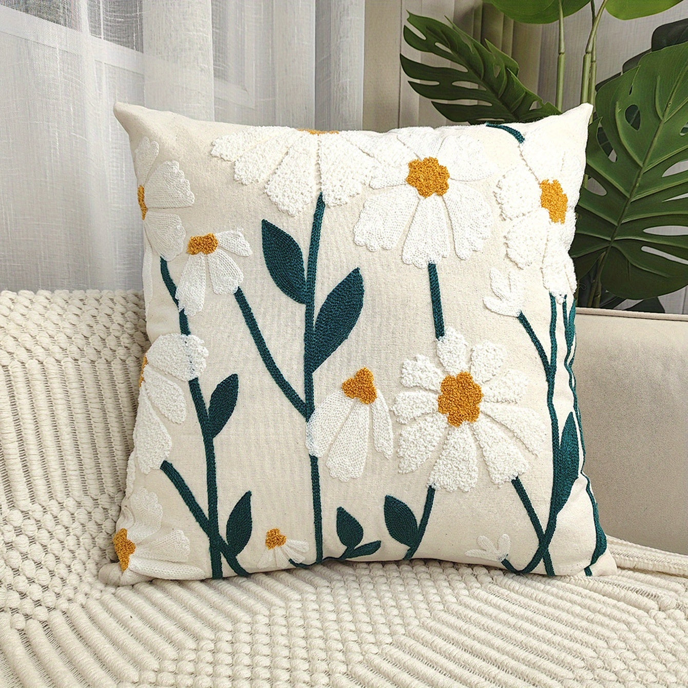 1pc Daisy floral embroidered pillow cover for sofa, living room décor, without insert.