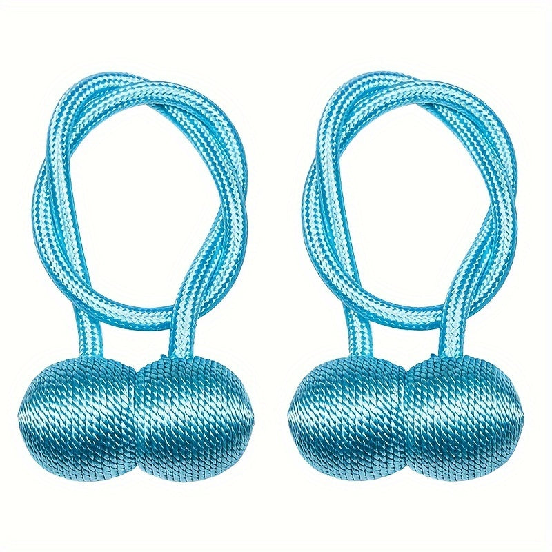 Two pieces of Classic Contemporary Magnetic Curtain Tiebacks made of Polyester Rope Window Drapery Holdbacks with a Decorative Weave Knot.