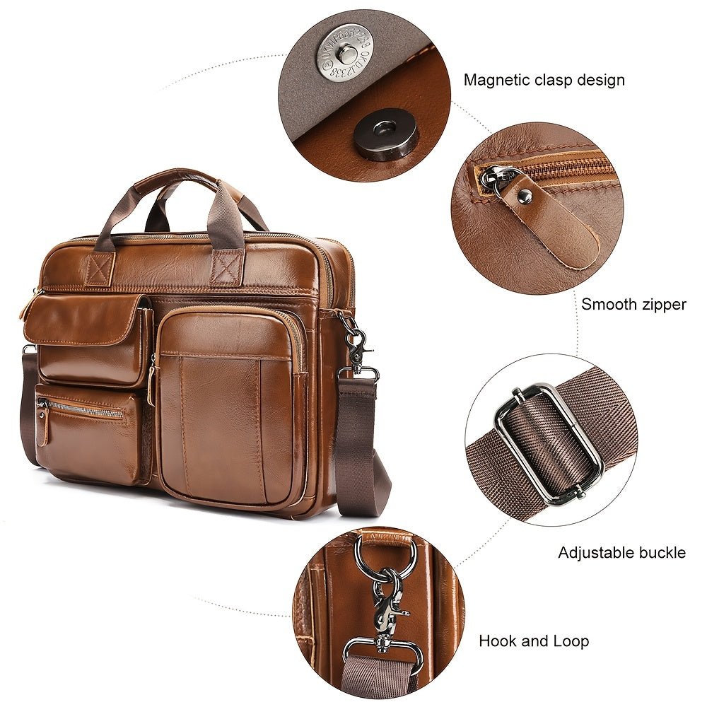 Men's leather business travel briefcase with adjustable shoulder strap, laptop compartment, multiple zippered pockets, in brown top grain cowhide.