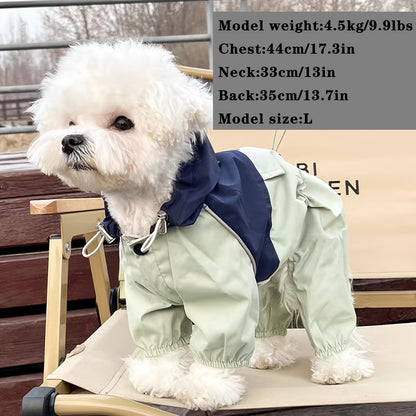 Waterproof pet raincoat with hood for small dogs and cats in light green PVC material. Features stylish two-tone design, button closure, and is hand wash only. Ideal for Teddy and Bichon