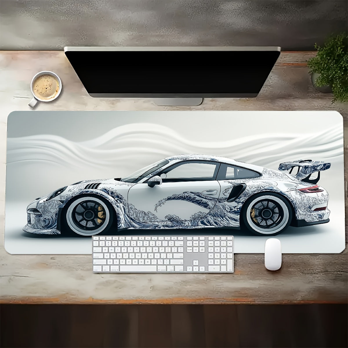 Large white Ukiyo-e style gaming mouse pad with non-slip rubber base, suitable for gaming and keyboard use, 89.92 X 39.88 cm.