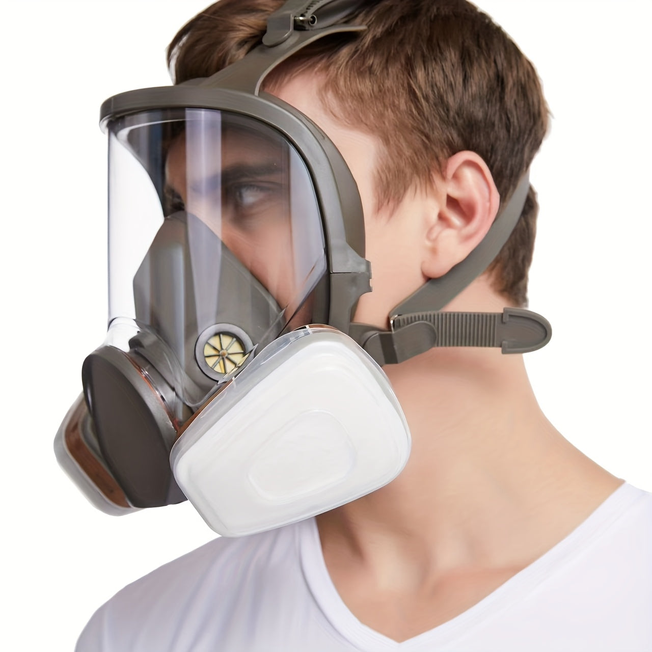 27-in-1 full face respirator mask with silicone and plastic construction, reusable pull-on design, hypoallergenic material for painting, spraying, and chemical safety, providing