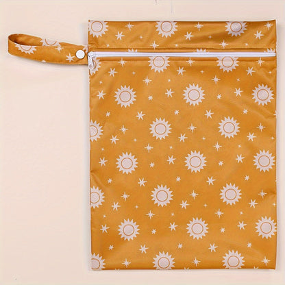 Two pieces of Wet Bags measuring 25.4x35.56 cm. These reusable Nappy Bags are ideal for storing wet and dry items, including for nappy changing, wet laundry, and organizing pouches for swimming, camping, travel, gym, and the beach. The waterproof design