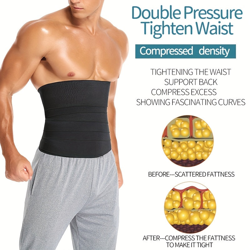 Men's slimming waist trainer belt in black, provides abdominal shaping, back support, and invisible fit.