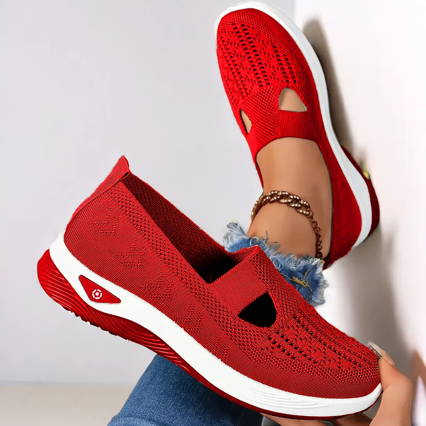 Lightweight and stylish knit sneakers for women in red, beige, green, blue, black, and purple. Features a cut-out design for breathability and a flexible sole for all-season wear.