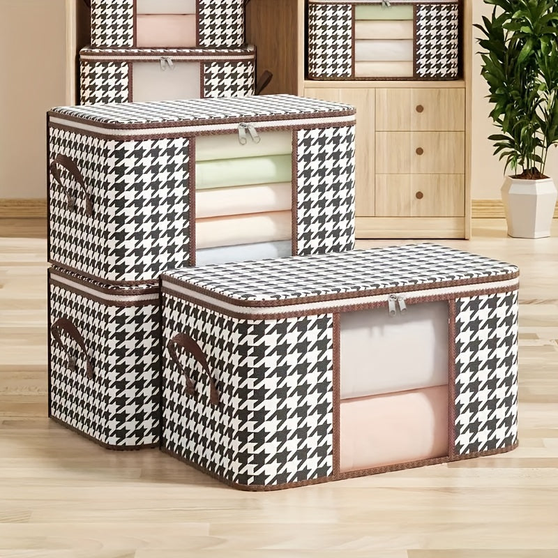 A durable canvas houndstooth storage bag with a zippered closure and handles, perfect for quilts, clothes, and linens. Lightweight and portable, this organizer is ideal for keeping your wardrobe, bedroom, or dorm neat and tidy. Its modern aesthetic adds