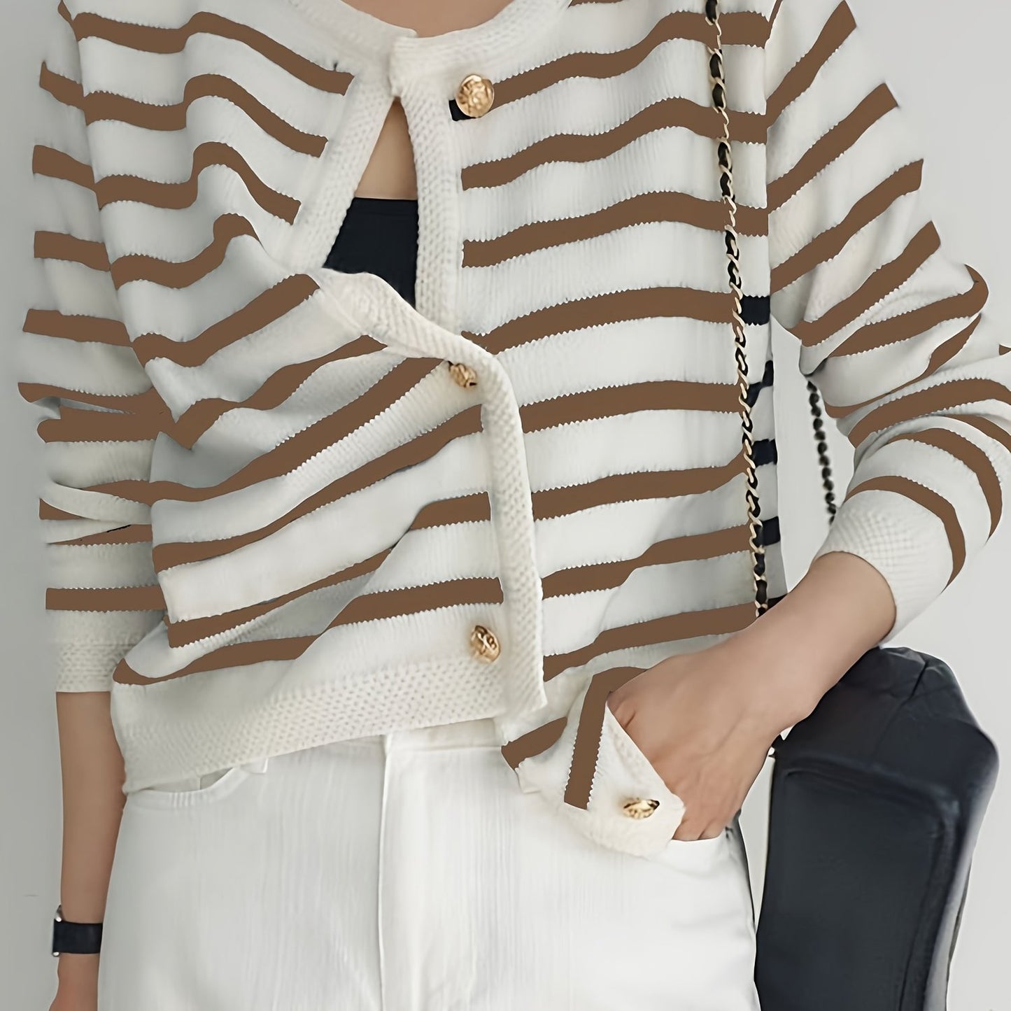 Stylish Striped Knit Cardigan for Women, ideal for Fall layering with button front and long sleeves. Made from high-stretch fabric.