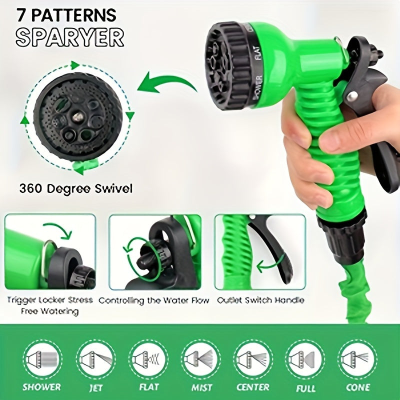 Versatile retractable garden hose with spray nozzle, durable rubber material for high-pressure car wash and irrigation. Compatible with thread standards in Europe and America, available in