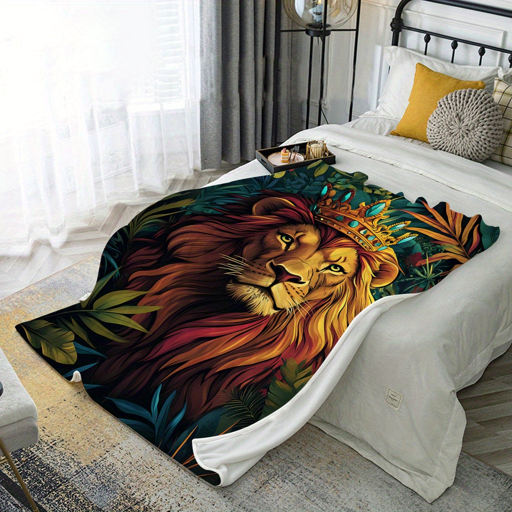 Get cozy with this contemporary style Jungle Lion Print Flannel Blanket! Perfect for all seasons, this soft throw is great for bed, sofa, or car. Made of digital print polyester, it is machine washable and weighs 200-250gsm. Makes an ideal gift for