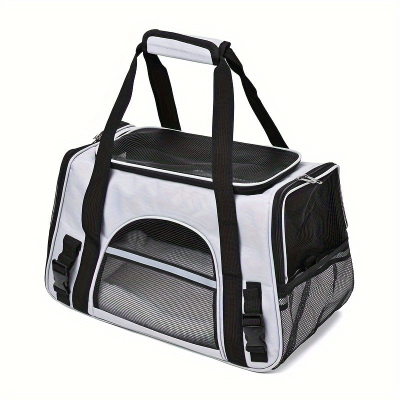 Portable pet bag with four-sided breathable design, includes fur mat, can be used on suitcase or as single shoulder pet bag. Collapsible and transparent, suitable for both cats and dogs.