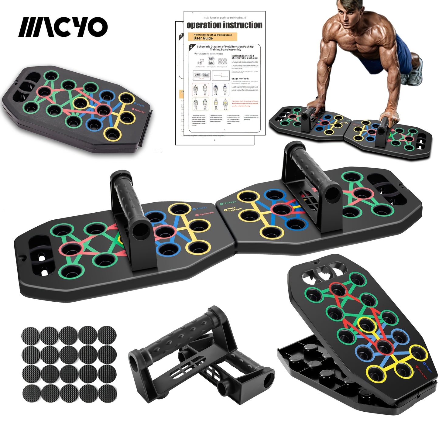 MACYO Ultimate Push-Up Board with 2 Resistance Bands - Multifunctional workout equipment for home and gym, chest muscle trainer, strength training aid.