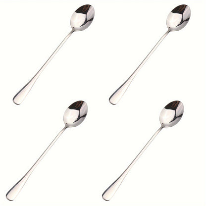 Set of 4 Stainless Steel Long Handle Spoons - Great for Coffee, Iced Tea, Ice Cream, and Desserts - Suitable for Use at Home, in Restaurants, or at School for Coffee Serving