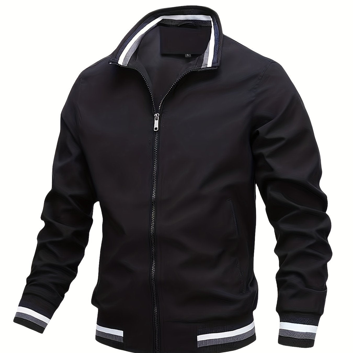 Men's trendy lightweight long sleeve jacket with zipper, stand collar, pockets, and stripe pattern. Ideal for outdoor activities in spring and autumn.