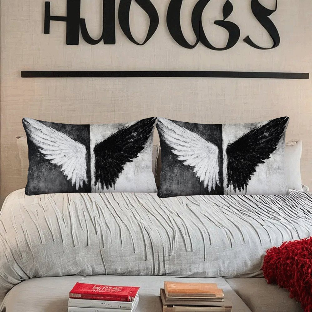 Set of Two Contemporary Black and White Angel Wings Pillow Covers, Casual Polyester Square Cushion Cases with Zipper Closure, Easy to Clean in Washing Machine, Versatile Decorative Pillowcases for Sofa, Bed, or Outdoor Use - Filler Not Included