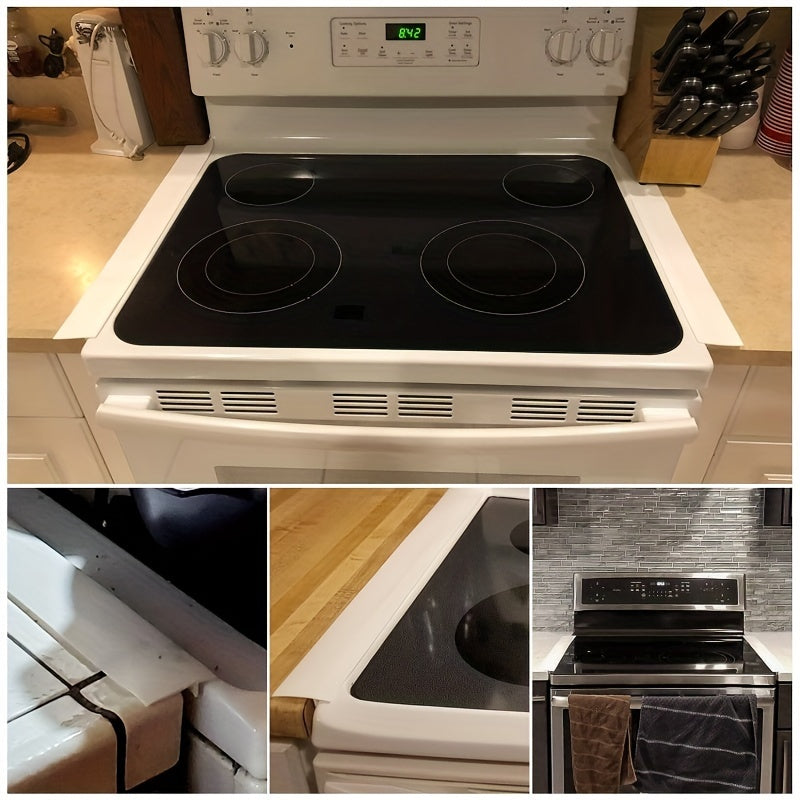 Two pieces of silicone stove gap covers that are heat resistant and easy to clean. Suitable for spaces measuring 53.34/63.5/76.2cm, these covers can be used on kitchen counters and stovetops to guard against spills. Available in black, white, and