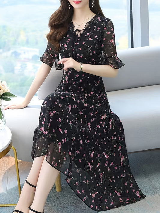 Floral Print Tie Neck Dress, Short Sleeve A-line Flowy Dress for Spring & Summer