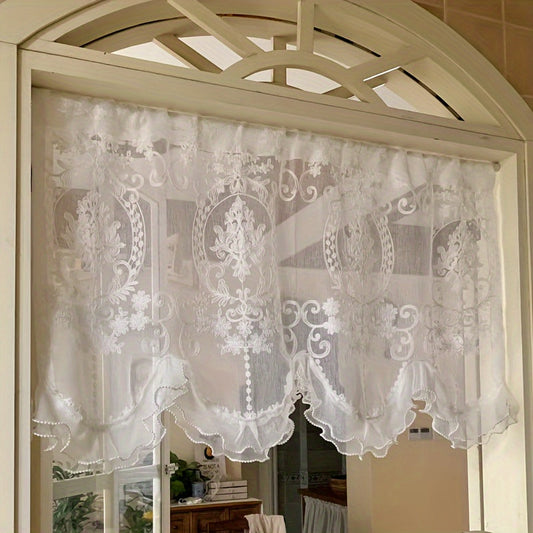 1pc Screen Curtain with Non-punching Self-adhesive Hook-and-loop Fastener. Half Curtain for Arch Door featuring Lace Screen design. Great for Corridor Cover or Door Partition.