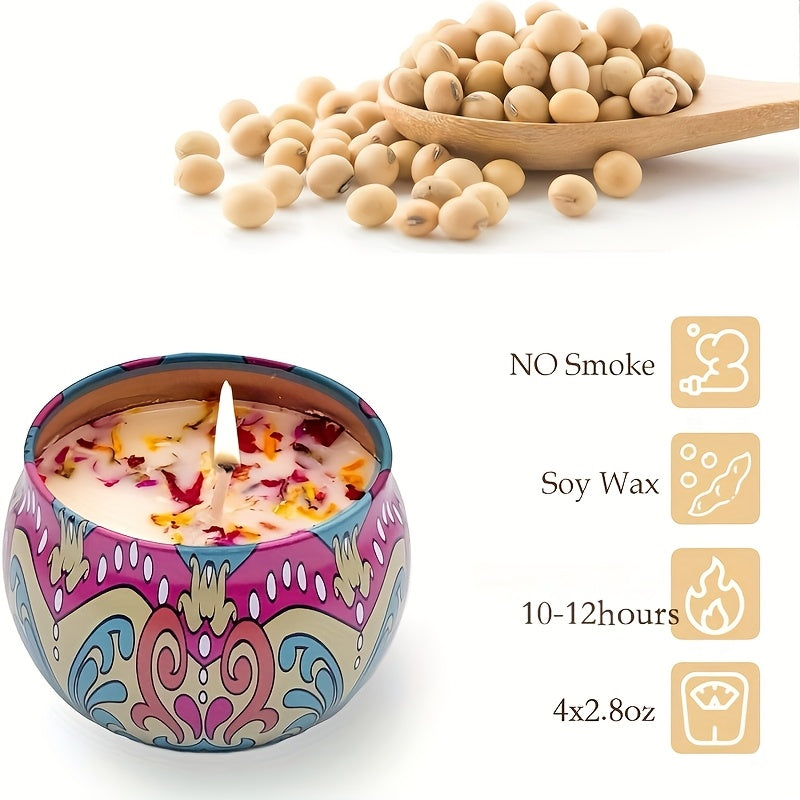 4-piece candle set with random fragrance cans (jasmine, sandalwood, small Canglan, rose) for stress relief, relaxation, bathing, yoga, and as holiday gifts.