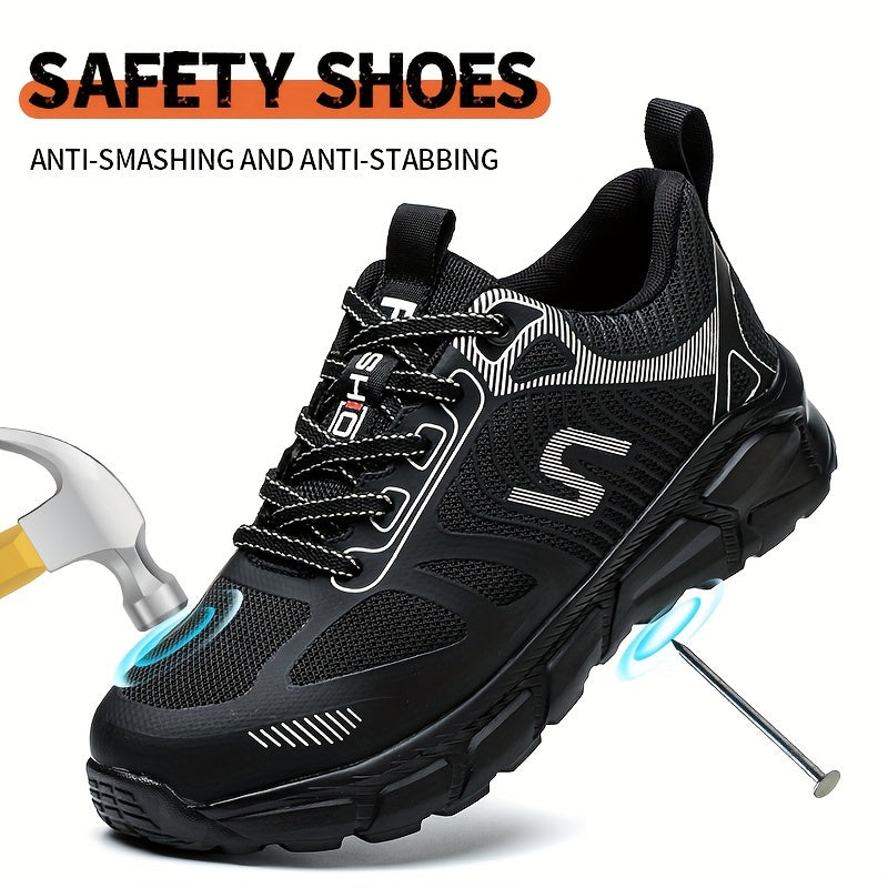 Breathable steel toe work sneakers for men with anti-smashing and puncture-proof features, offering comfort and protection.