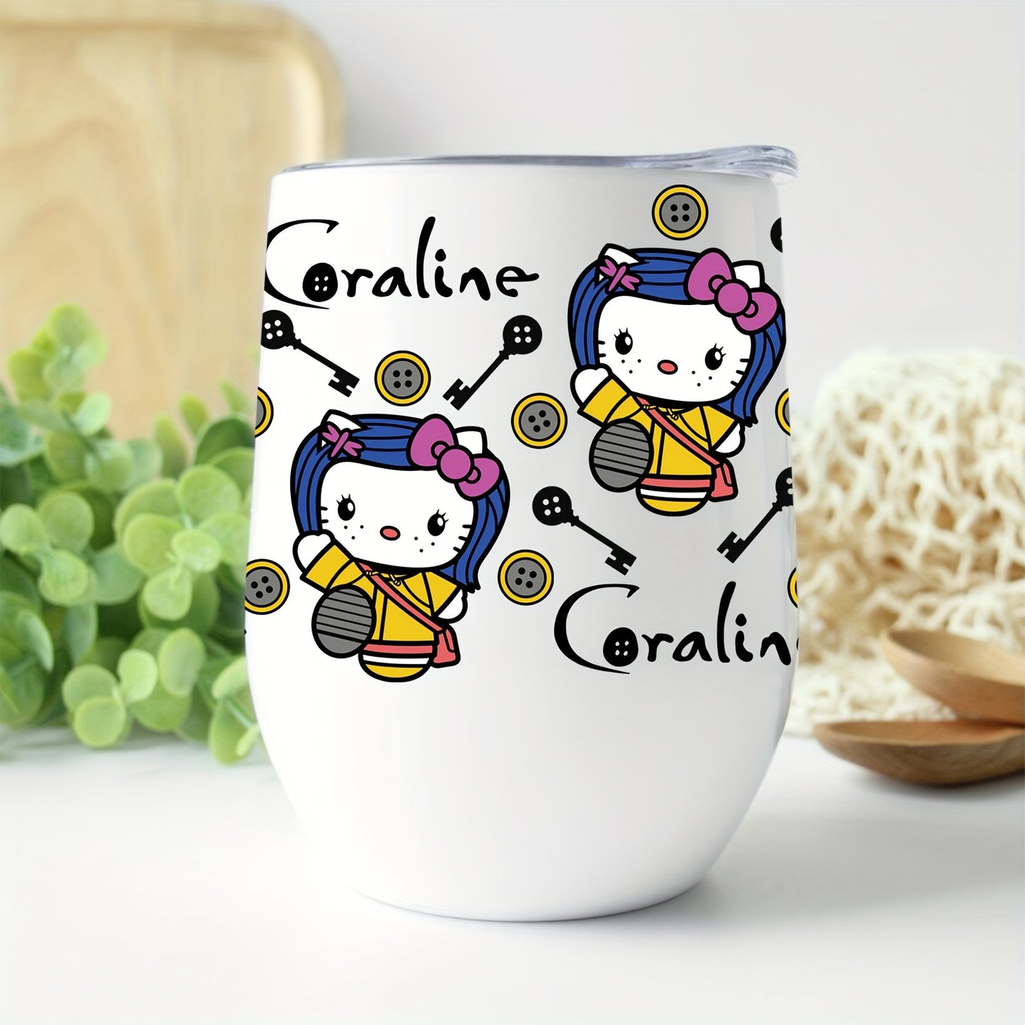 Hello Kitty & Coraline Stainless Steel Tumbler with Lid, 12oz Oval Leakproof Coffee Mug, Hand Wash Only, PVC Free, Perfect Christmas Gift.