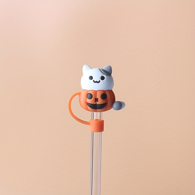 Christmas Silicone Straw Cover - Reusable and Cute Cartoon Design featuring Santa Claus, Christmas Tree, Pumpkin, and Cat. Includes Halloween Drinking Straw Tips, Toppers, and Dust-proof Plug. Perfect for Parties, Travel, Camping, and Home Use.